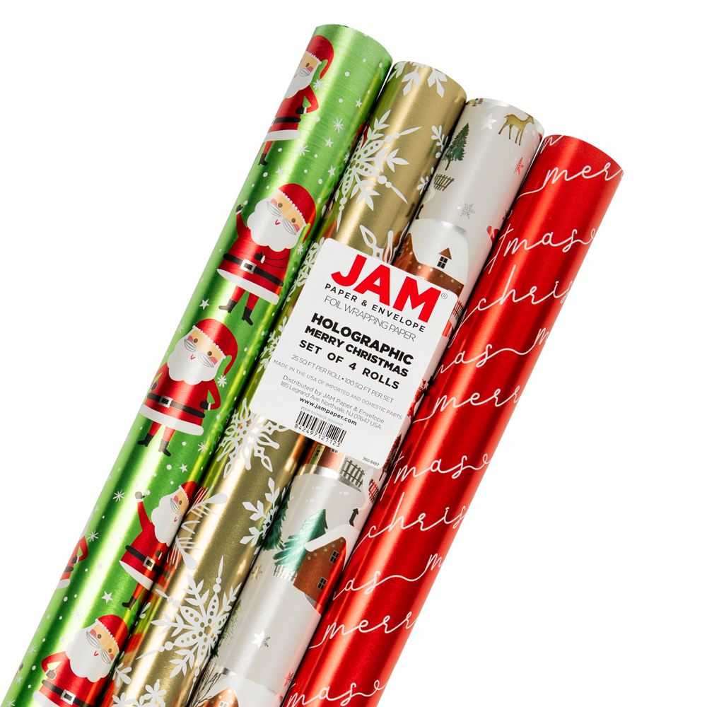 Christmas Wrapping Paper Set (100 Sq Ft) - 4 Rolls - Holographic Merry Christmas