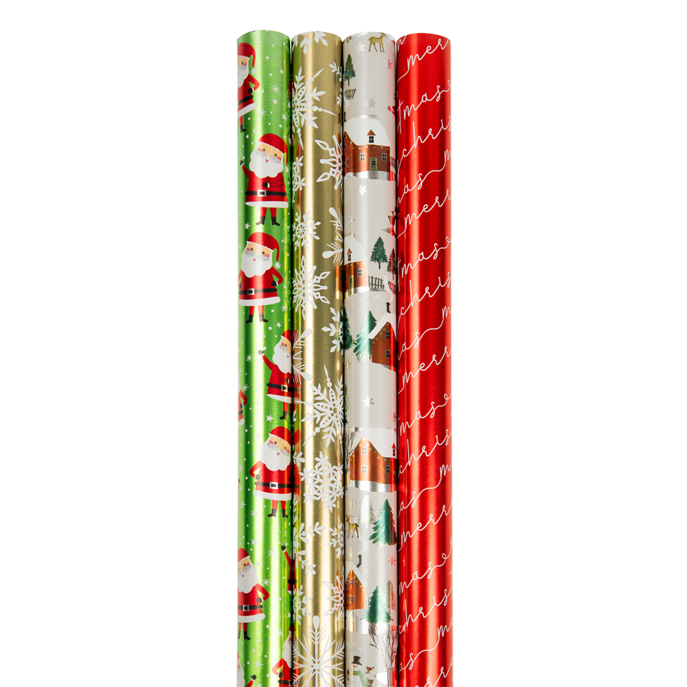 Christmas Wrapping Paper Set (100 Sq Ft) - 4 Rolls - Holographic Merry Christmas
