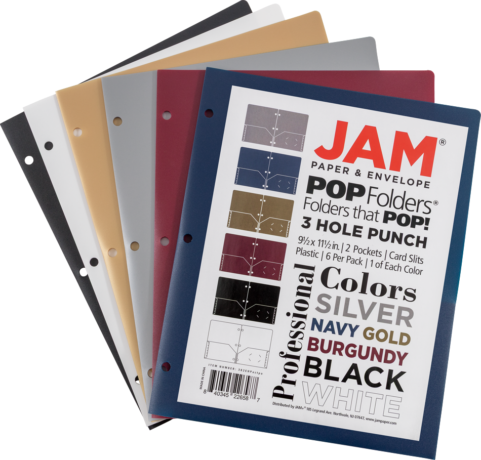9 x 12 Plastic Pop 3 Hole Punch Folders - 6 Pack - Assorted Professional
