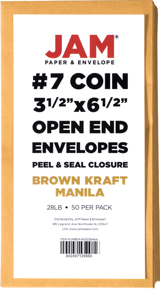 Brown Kraft 28lb #7 Coin Envelopes (3 1/2 x 6 1/2) with Peel & Seal