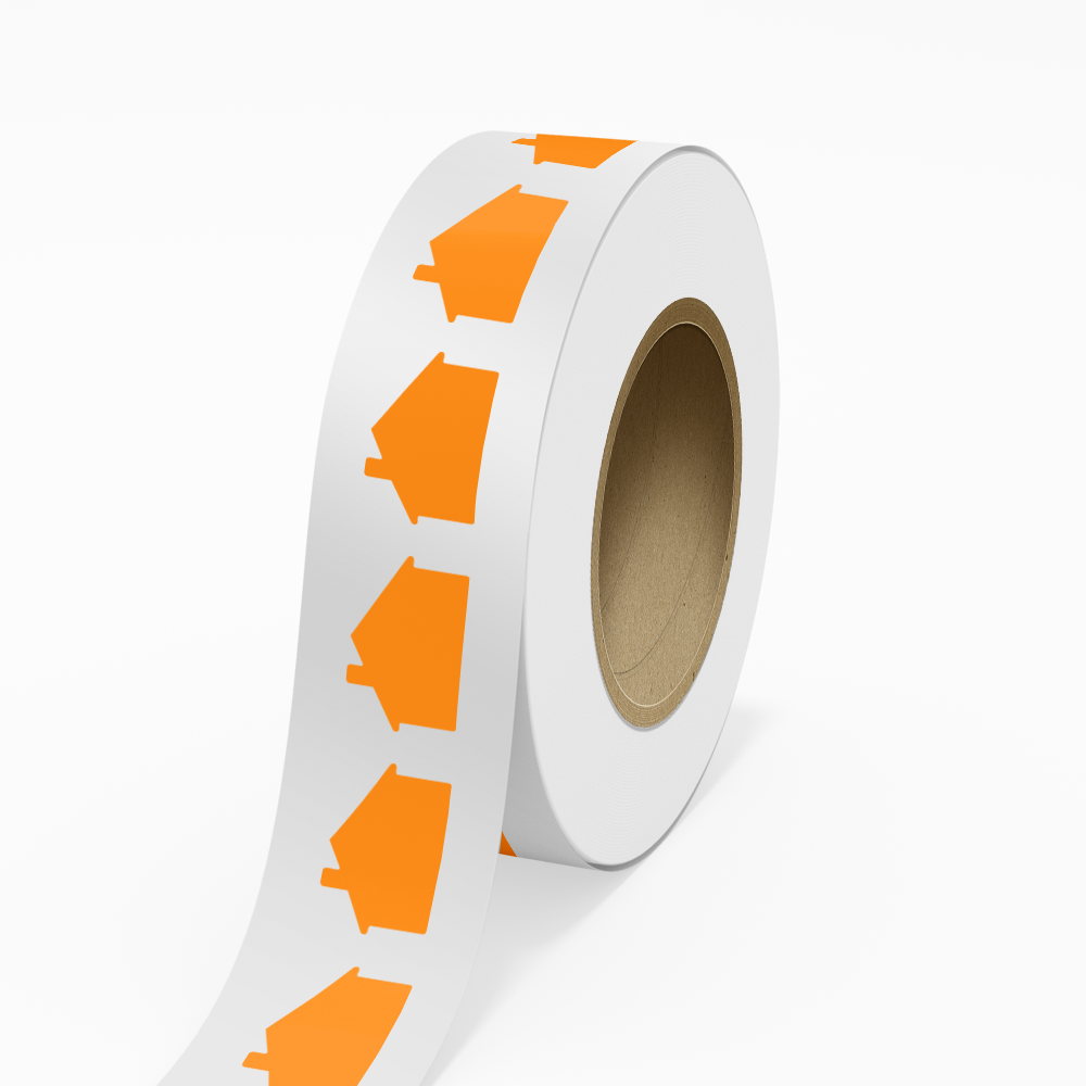 Neon Orange 1 7/8 x 2 7/8 Inch Roll of House Shaped Labels - Real Estate Bright Adhesive