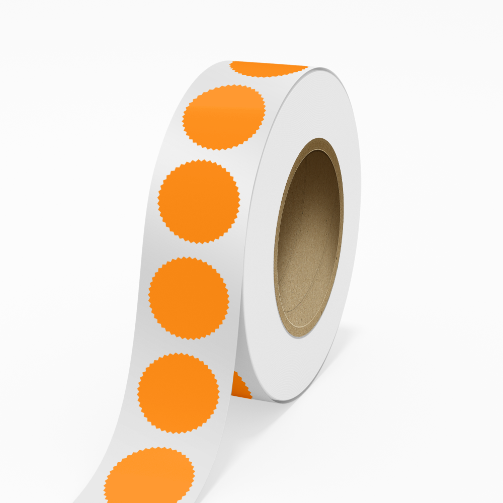 Neon Orange 2 1/4 Inch Roll of Burst Shaped Labels - Sales Certificate Bright Adhesive