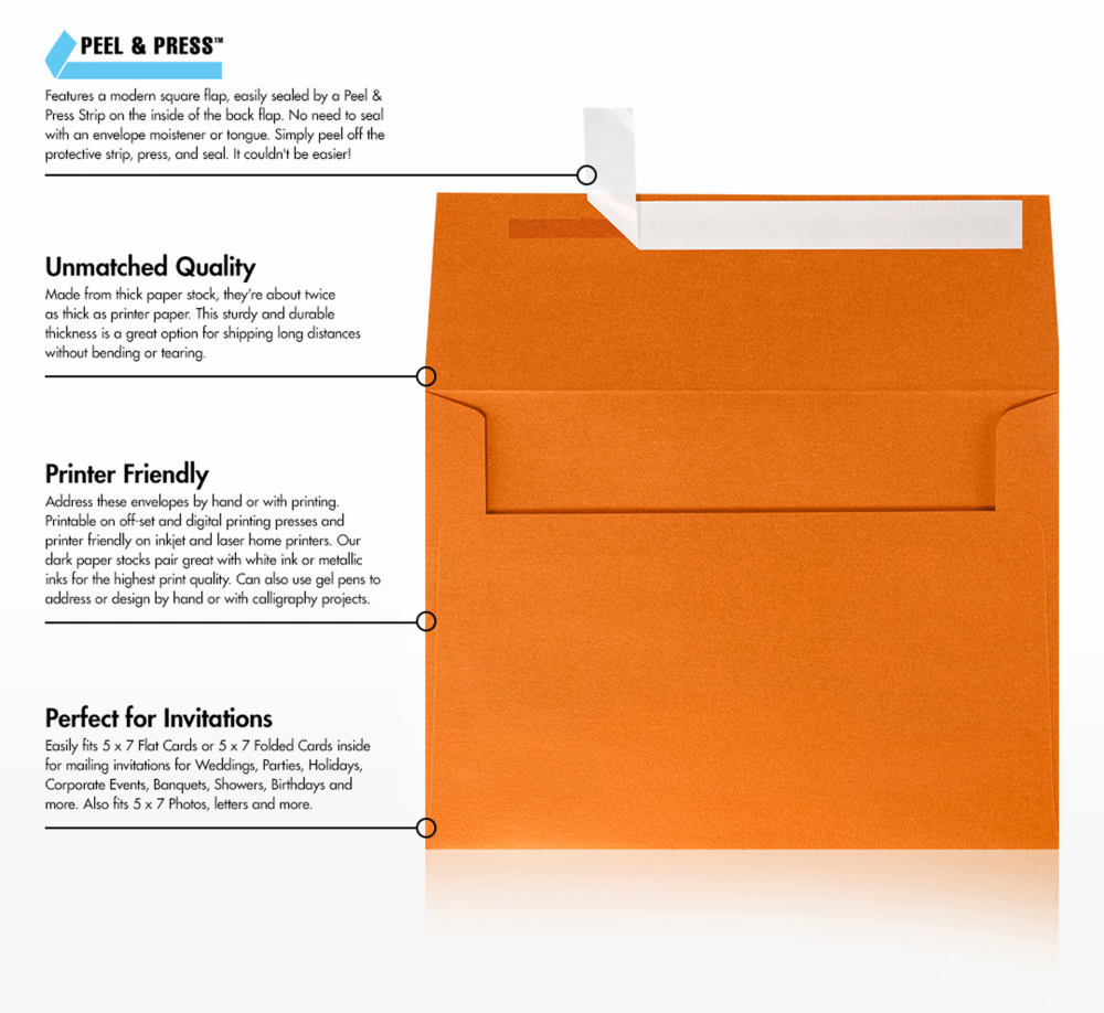 Orange Flame Metallic 32lb A7 Invitation Envelopes (5 1/4 x 7 1/4) with Peel & Seal