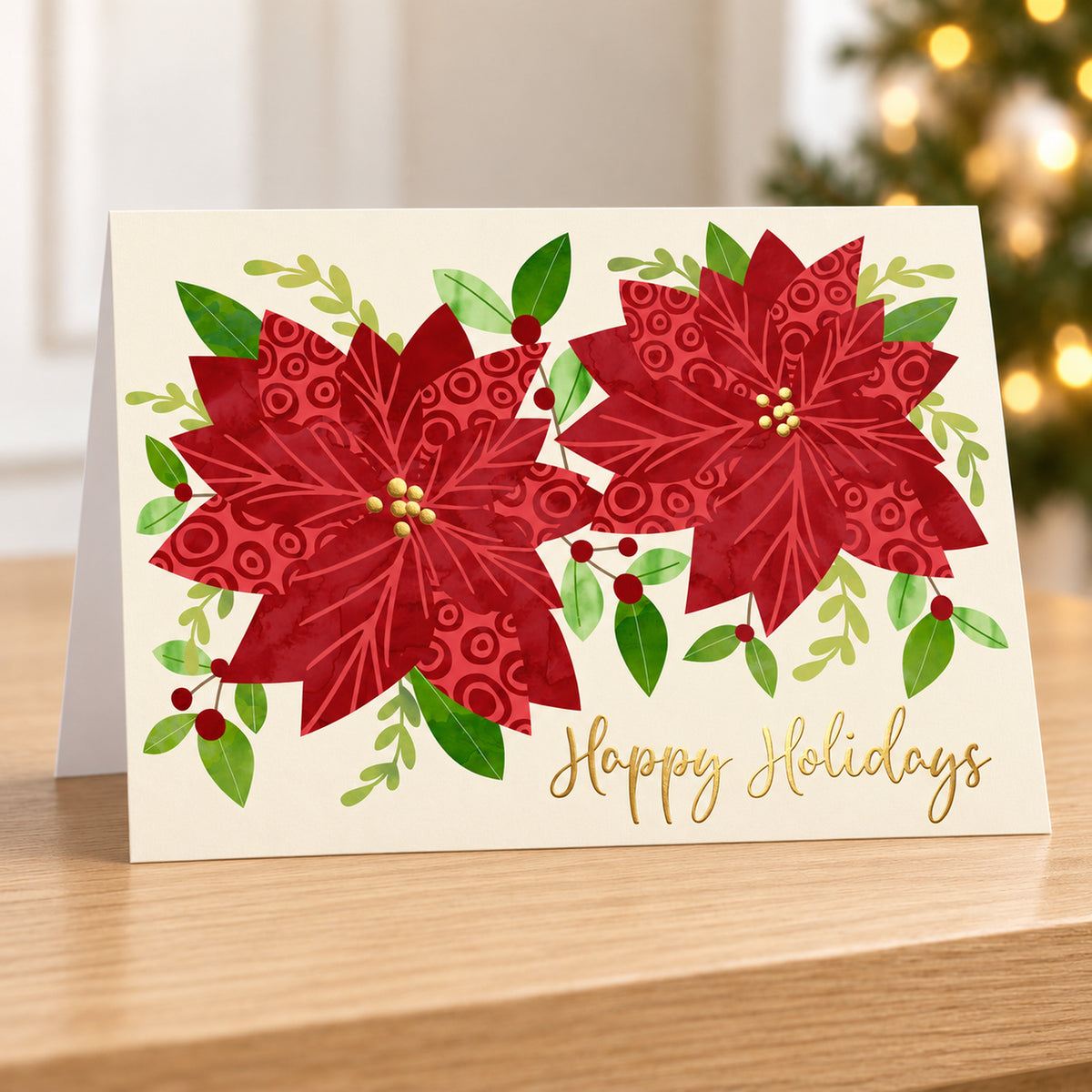 7 x 5 Foldover Card Set 80lb - Patterned Poinsettias