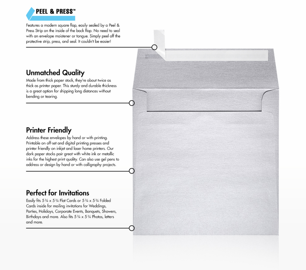 Silver Metallic 32lb 6 x 6 Square Envelopes with Peel & Seal