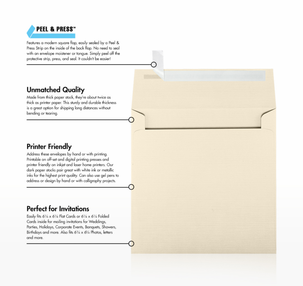 Natural Linen 32lb 6 1/2 x 6 1/2 Square Envelopes with Peel & Seal