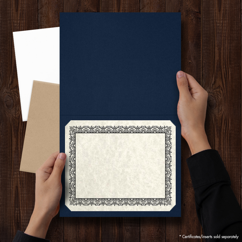 Nautical Navy Blue Linen with Silver Foil Floral Border 9 1/2 x 12 Certificate Holders