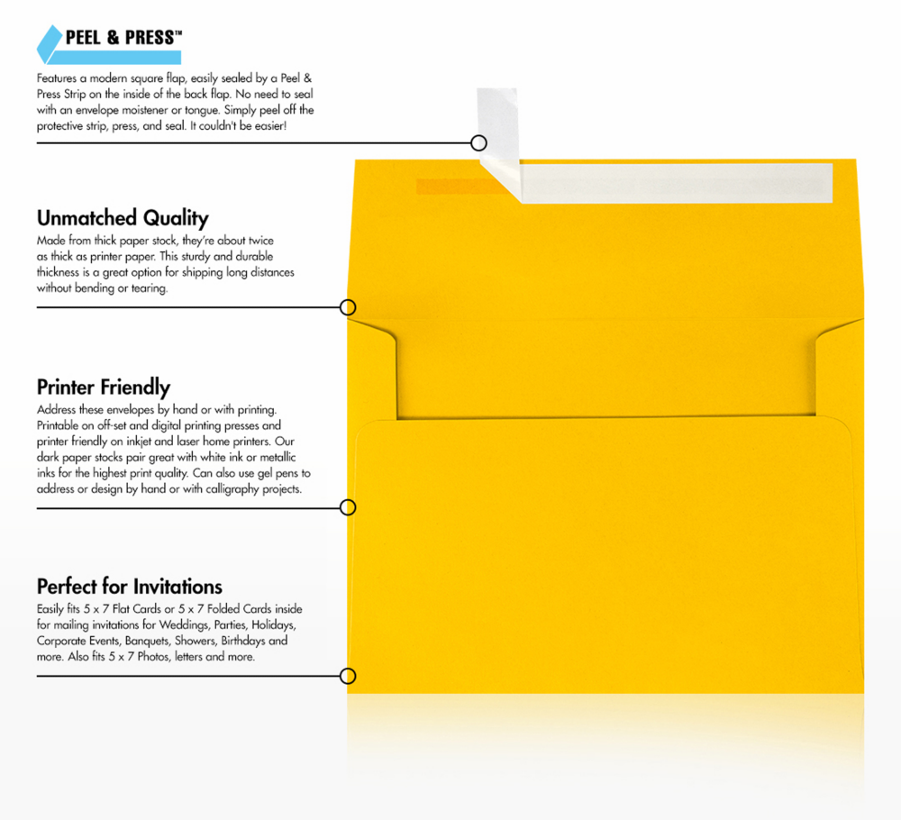 Sunflower Yellow 32lb A7 Invitation Envelopes (5 1/4 x 7 1/4) with Peel & Seal