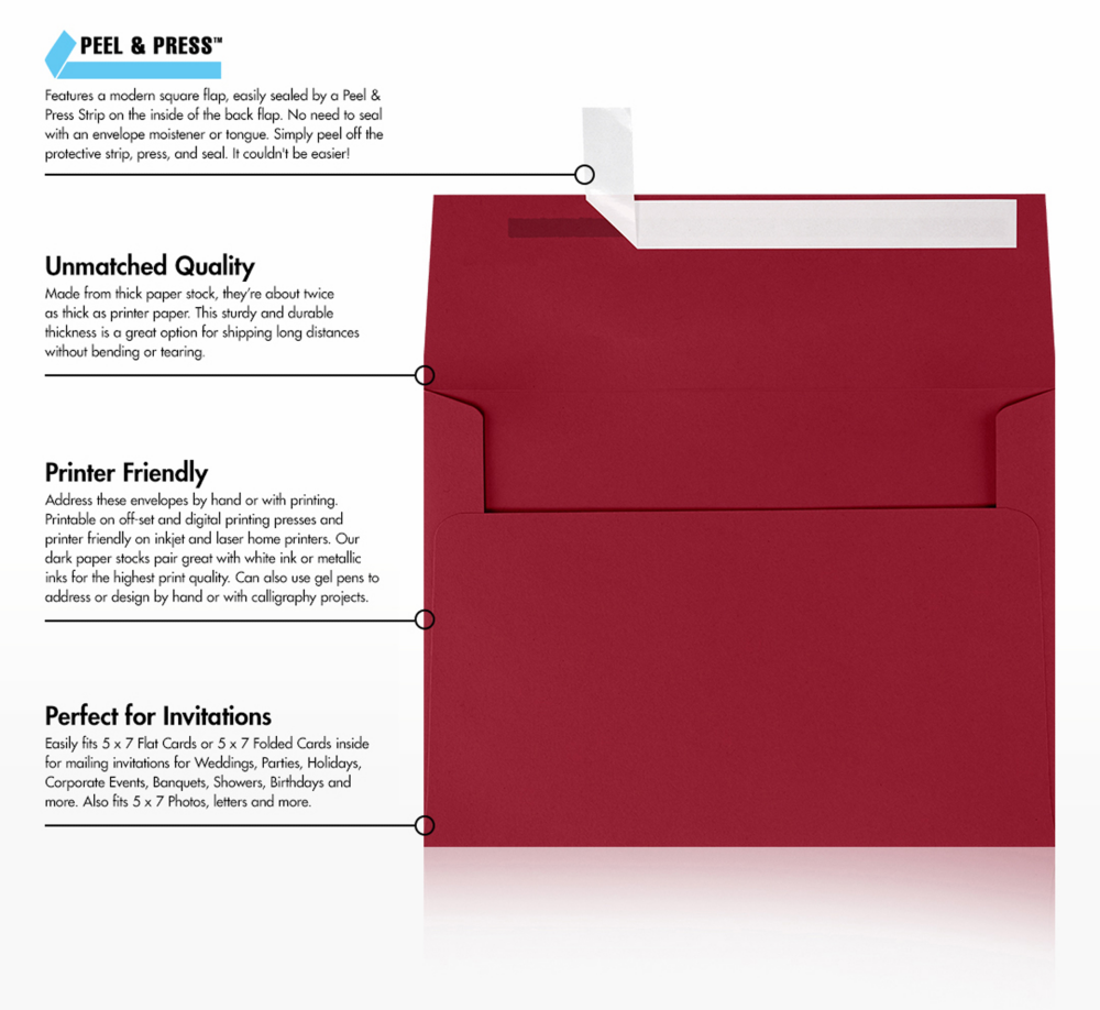Garnet Dark Red 32lb A7 Invitation Envelopes (5 1/4 x 7 1/4) with Peel & Seal