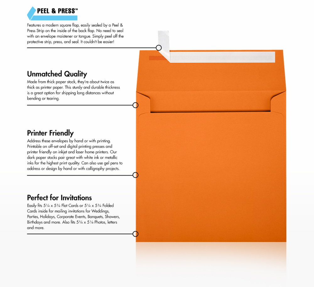 Mandarin Orange 32lb 5 1/2 x 5 1/2 Square Envelopes with Peel & Seal