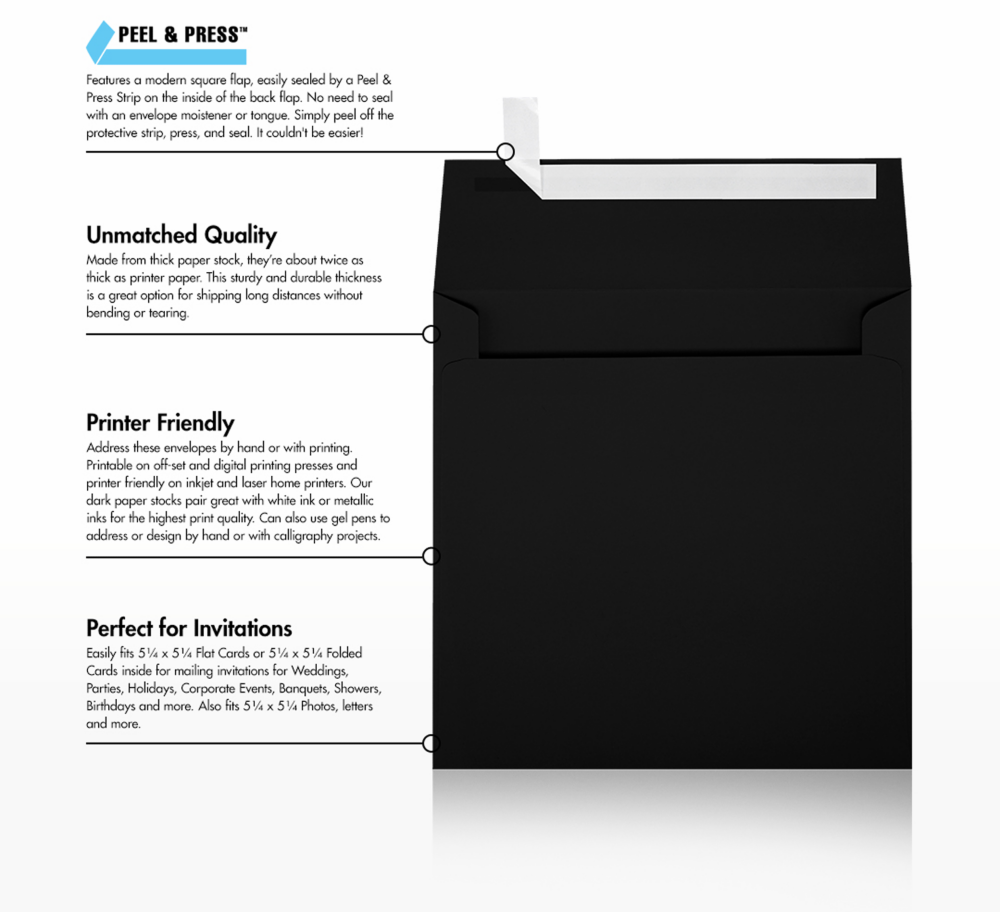 Smooth Midnight Black 32lb 5 1/2 x 5 1/2 Square Envelopes with Peel & Seal