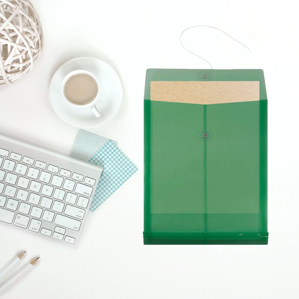 Green Letter Open End Plastic Envelopes (9 3/4 x 13) with Button & String