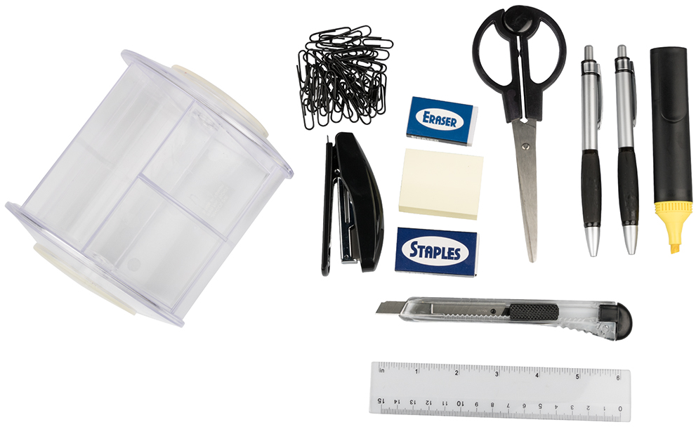 Clear Round Desk Organizer and Supplies Set (Organizer, Pens, Scissor, Highlighter, Box Cutter, Ruler, Eraser, Stapler, Staples, and Paper Clips)