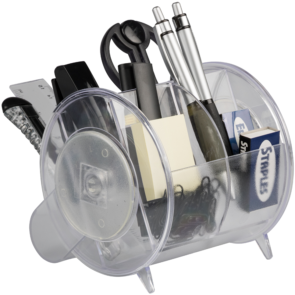 Clear Round Desk Organizer and Supplies Set (Organizer, Pens, Scissor, Highlighter, Box Cutter, Ruler, Eraser, Stapler, Staples, and Paper Clips)