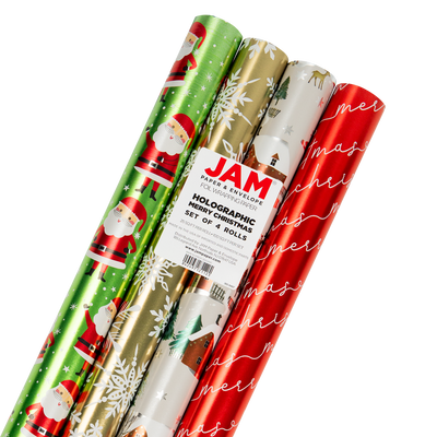 Christmas Wrapping Paper Set (100 Sq Ft) - 4 Rolls - Holographic Merry Christmas