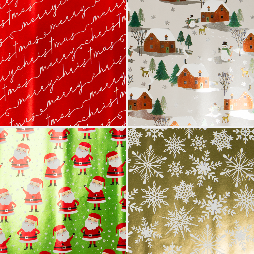 Christmas Wrapping Paper Set (100 Sq Ft) - 4 Rolls - Holographic Merry Christmas