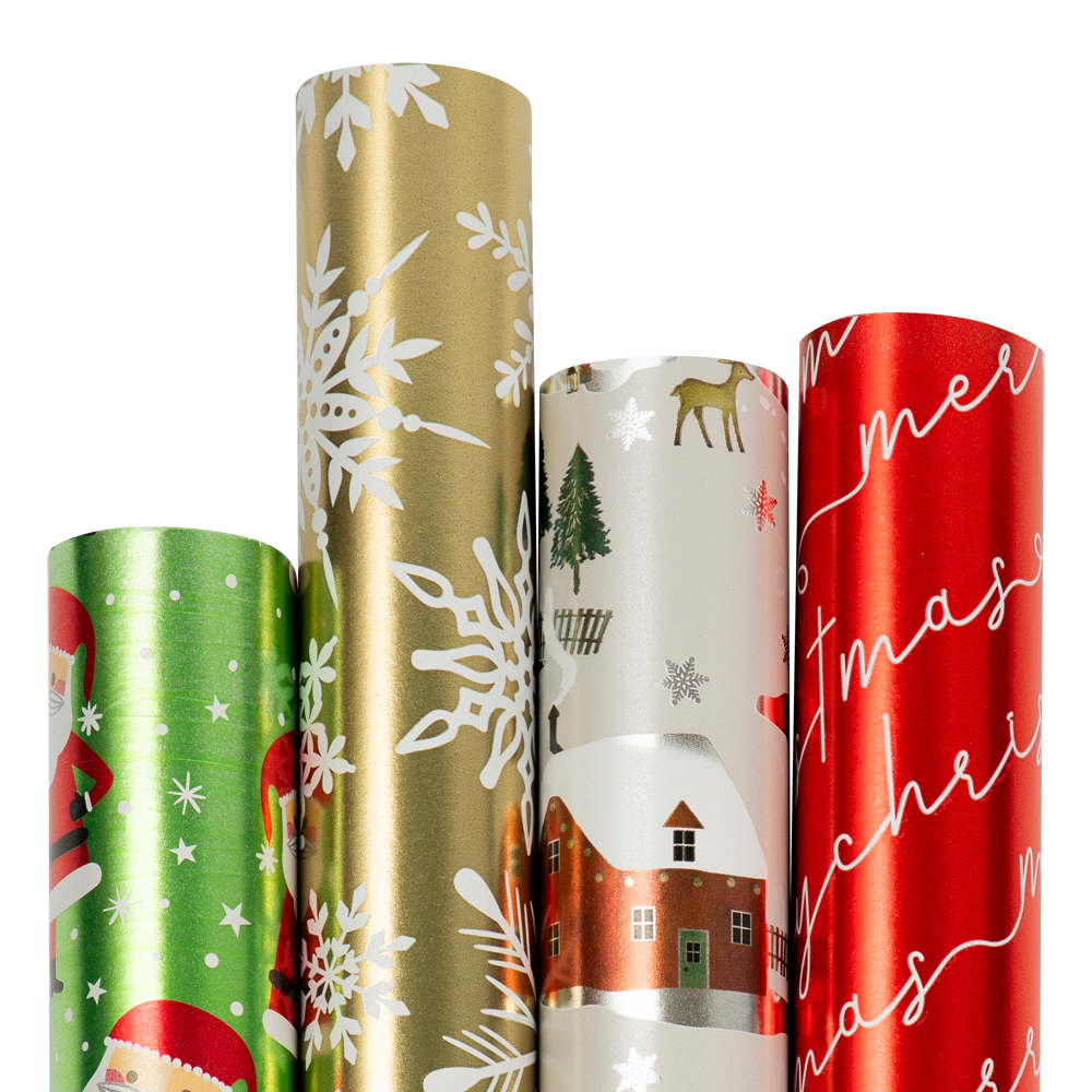 Christmas Wrapping Paper Set (100 Sq Ft) - 4 Rolls - Holographic Merry Christmas