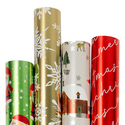 Christmas Wrapping Paper Set (100 Sq Ft) - 4 Rolls - Holographic Merry Christmas
