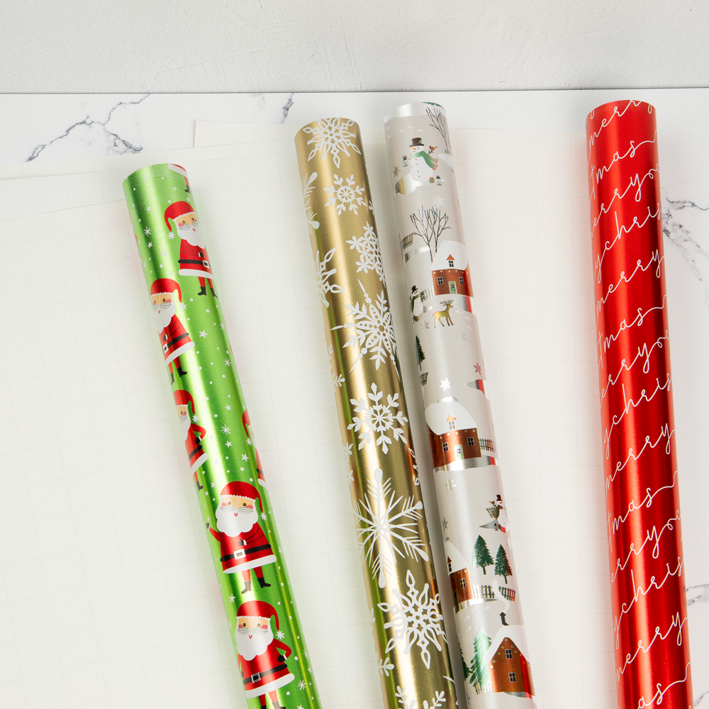 Christmas Wrapping Paper Set (100 Sq Ft) - 4 Rolls - Holographic Merry Christmas