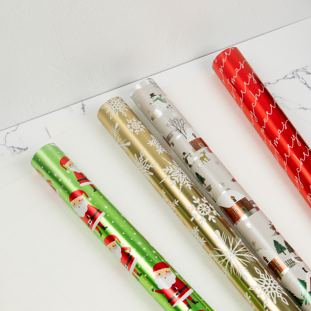 Christmas Wrapping Paper Set (100 Sq Ft) - 4 Rolls - Holographic Merry Christmas