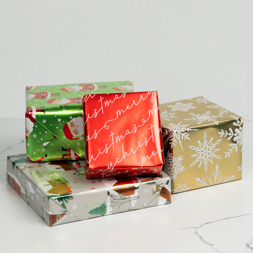 Christmas Wrapping Paper Set (100 Sq Ft) - 4 Rolls - Holographic Merry Christmas