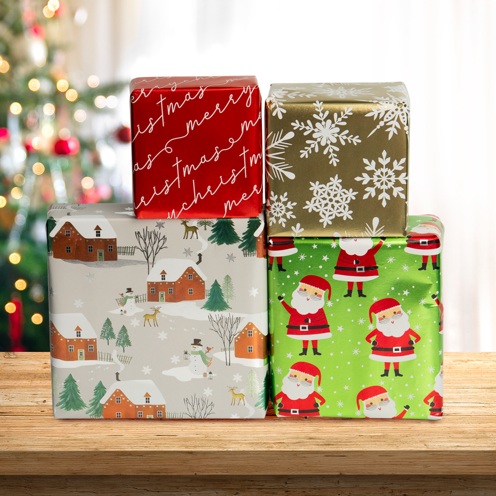 Christmas Wrapping Paper Set (100 Sq Ft) - 4 Rolls - Holographic Merry Christmas