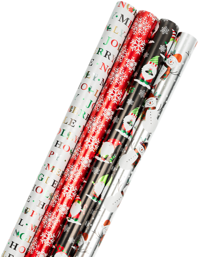 Snowy Holiday Foil Wrapping Paper Set (100 Sq Ft) - 4 Rolls