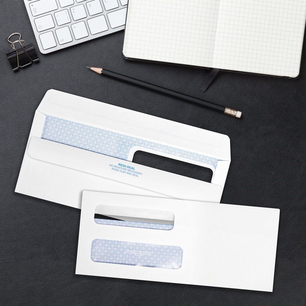 White 24lb #8 5/8 Double Window Envelopes (3 5/8 x 8 5/8) with Peel & Seal