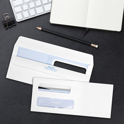White 24lb #8 5/8 Double Window Envelopes (3 5/8 x 8 5/8) with Peel & Seal