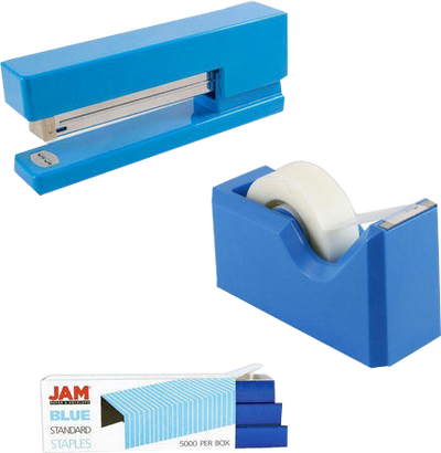 Blue Office Desk Set (Stapler, Tape Dispenser, and Staples)