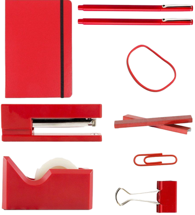Red Complete Office Desk Set (Rubber Bands, Journal, Le Pens, Paper Clips, Stapler, Staples, Tape Dispenser, and Binder Clips)