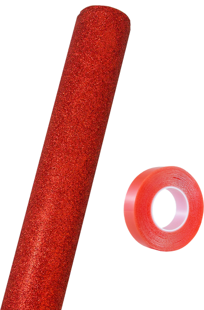 Red Glitter Wrapping Paper with Tape with Double-Sided Tape Set (25 Sq Ft)