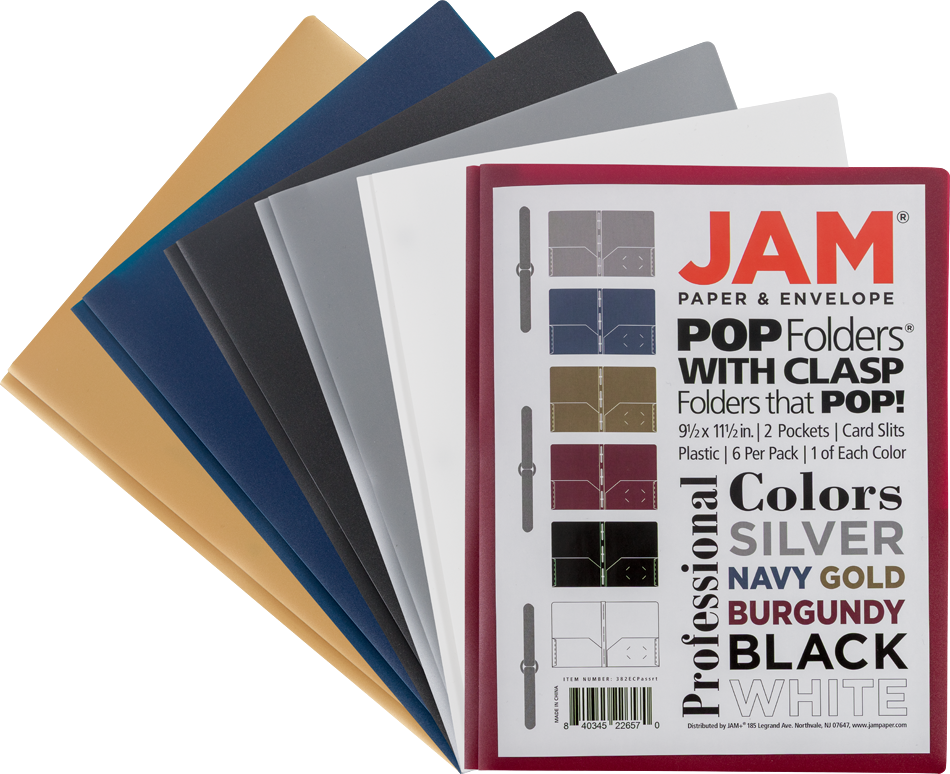 9 x 12 Plastic Pop with Clasp Folders - 6 Pack - Assorted Professional