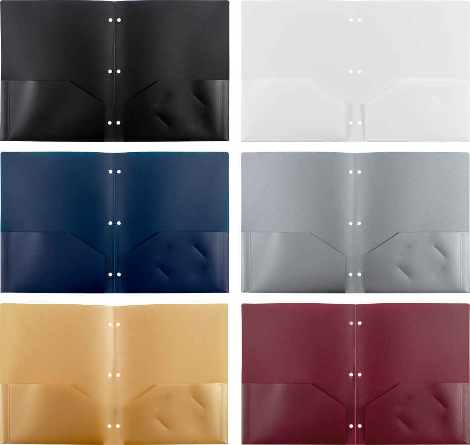 9 x 12 Plastic Heavy Duty 3 Hole Punch Folders - 6 Pack - Assorted Professional