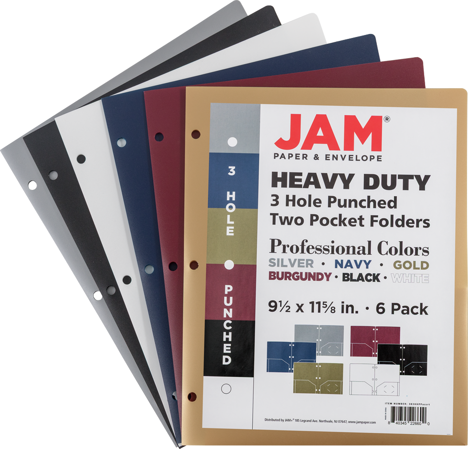 9 x 12 Plastic Heavy Duty 3 Hole Punch Folders - 6 Pack - Assorted Professional