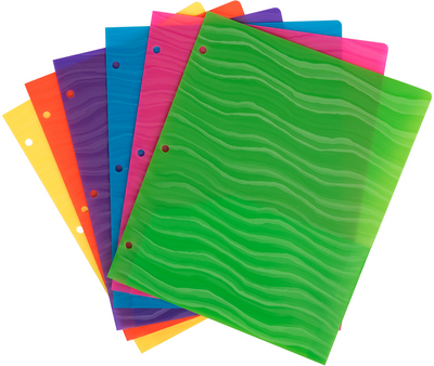 Assorted Wave 9 x 12 Plastic Heavy Duty 3 Hole Punch Folders - 6 Pack