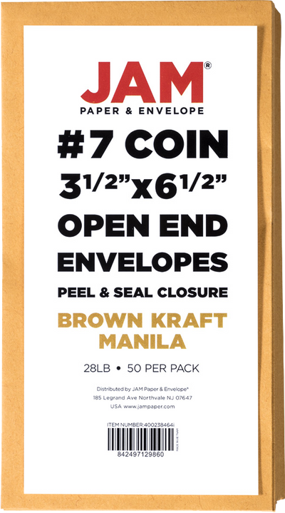 Brown Kraft 28lb #7 Coin Envelopes (3 1/2 x 6 1/2) with Peel & Seal