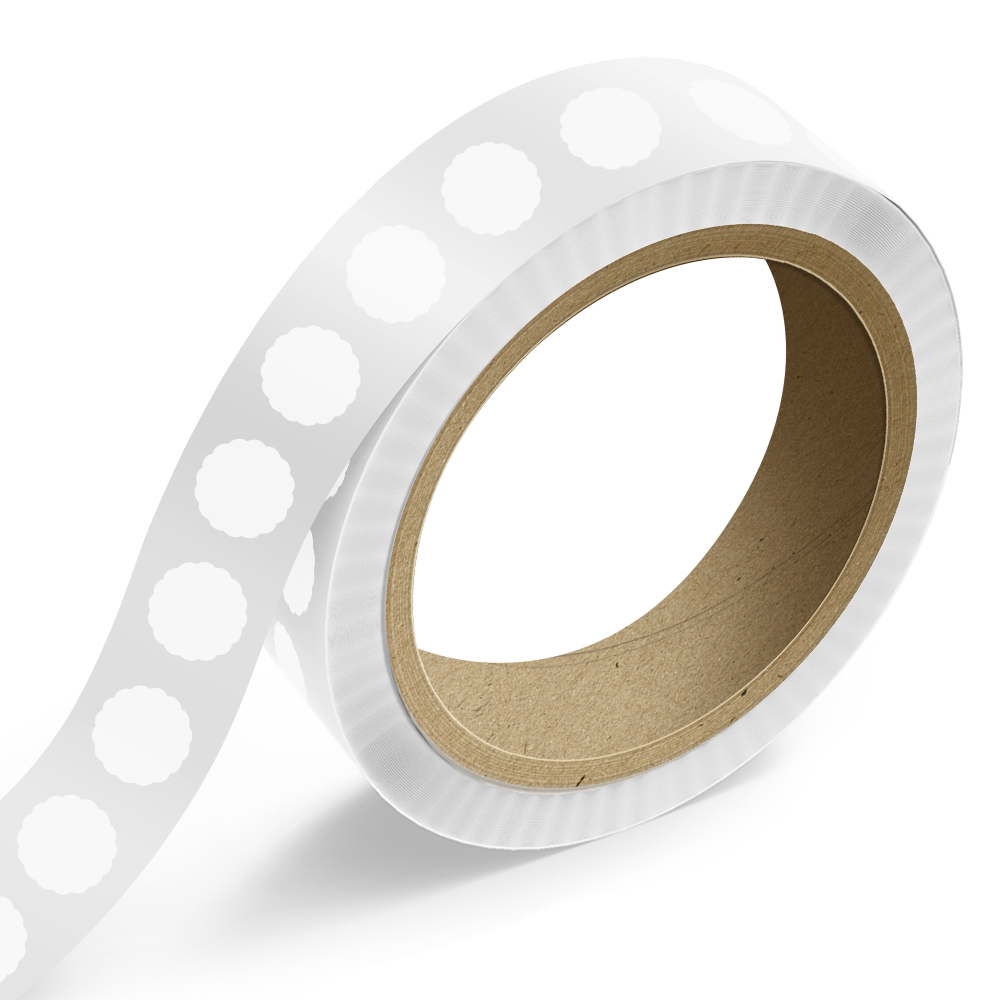 Clear 1 5/8 x 1 5/8 Inch Roll of Scallop Shaped Labels - DIY Promotional Project Tear Resistant with High Gloss Film Layer