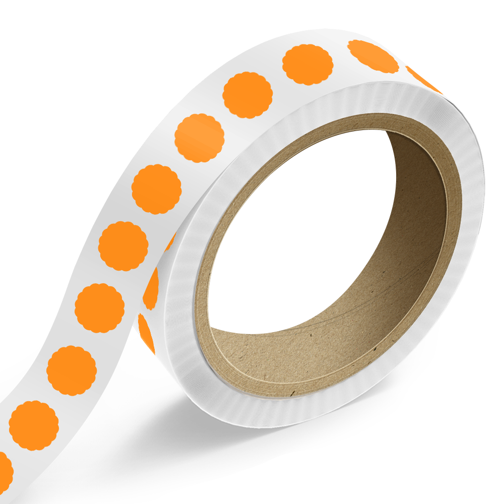 Neon Orange 1 5/8 x 1 5/8 Inch Roll of Scallop Shaped Labels - DIY Promotional Project Bright Adhesive