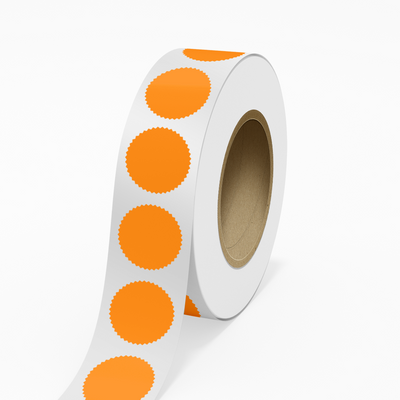 Neon Orange 2 1/4 Inch Roll of Burst Shaped Labels - Sales Certificate Bright Adhesive