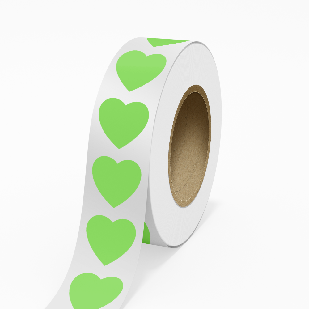 Neon Green 2 x 2 Inch Roll of Heart Shaped Labels - Wedding Anniversary Valentine's Day Bright Adhesive