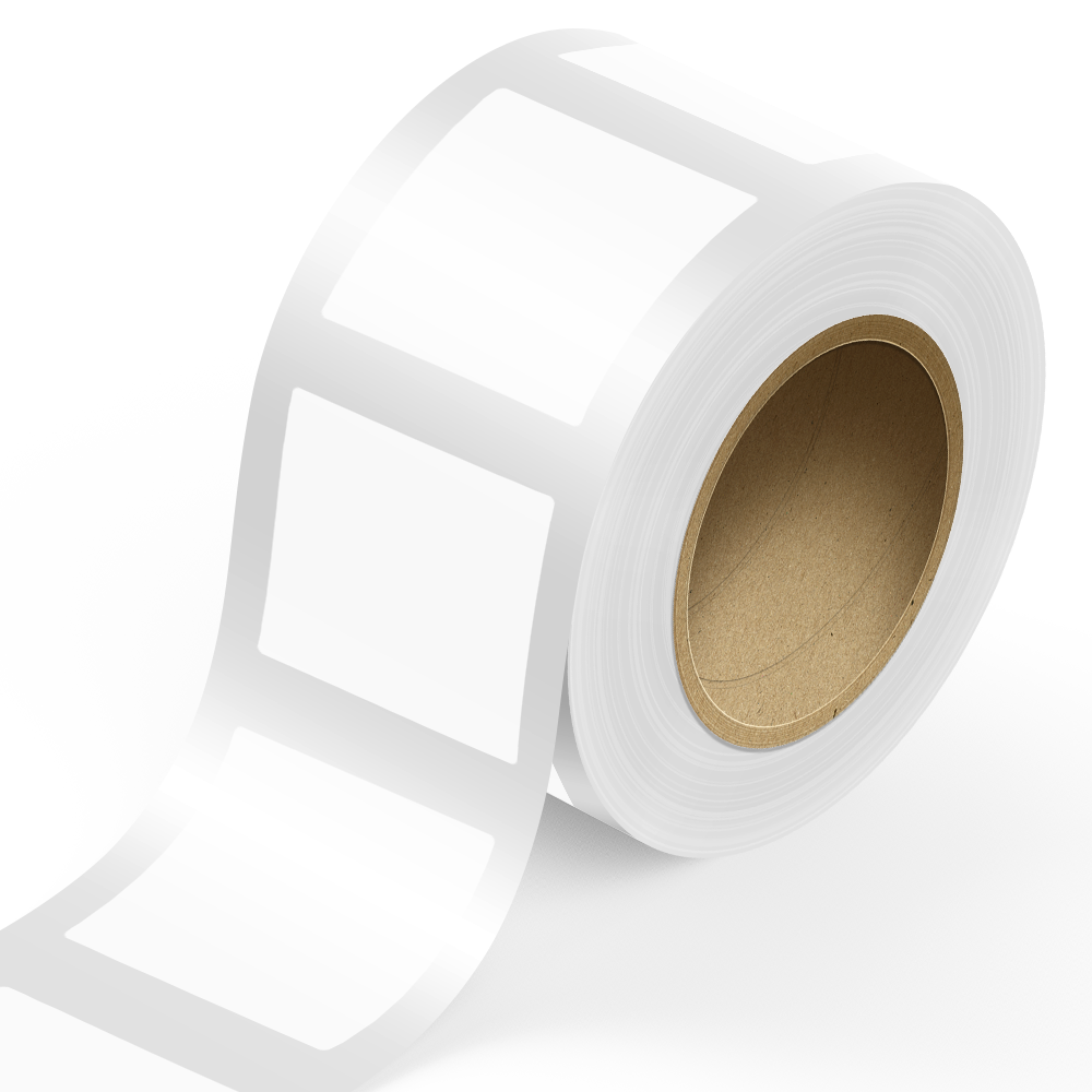 White 4 x 4 Inch Roll of Square Labels - Tear Resistant with High Gloss Film Layer