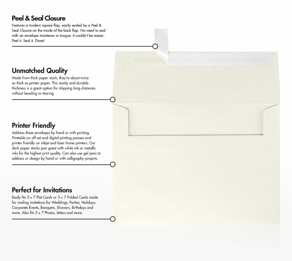 White Quartz Metallic 32lb A7 Invitation Envelopes (5 1/4 x 7 1/4) with Peel & Seal