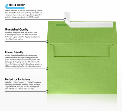 Lime Green Metallic 32lb A7 Invitation Envelopes (5 1/4 x 7 1/4) with Peel & Seal