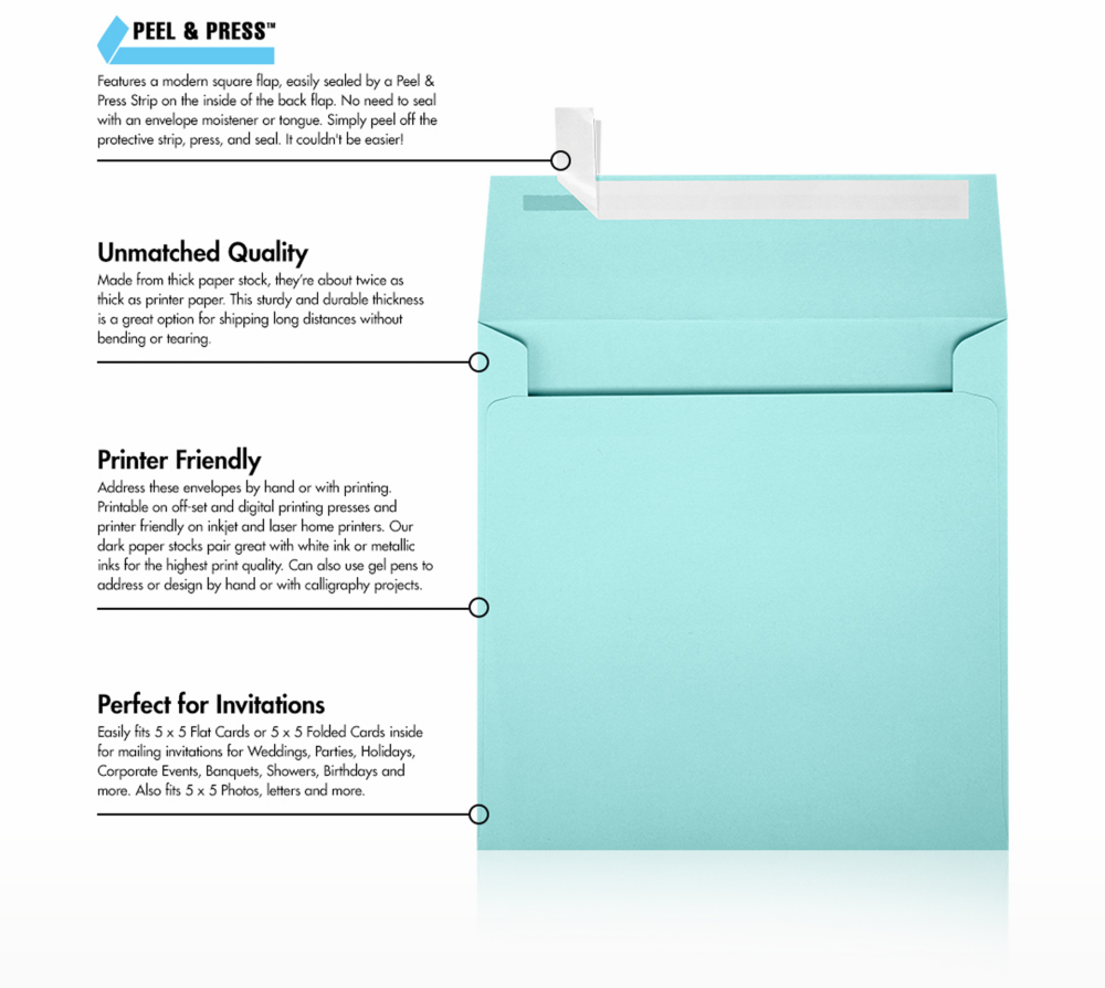 Seafoam Aqua Blue 32lb 5 1/4 x 5 1/4 Square Envelopes with Peel & Seal