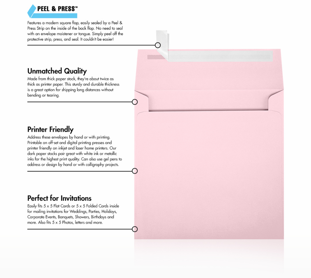 Baby Candy Pink 32lb 5 1/4 x 5 1/4 Square Envelopes with Peel & Seal