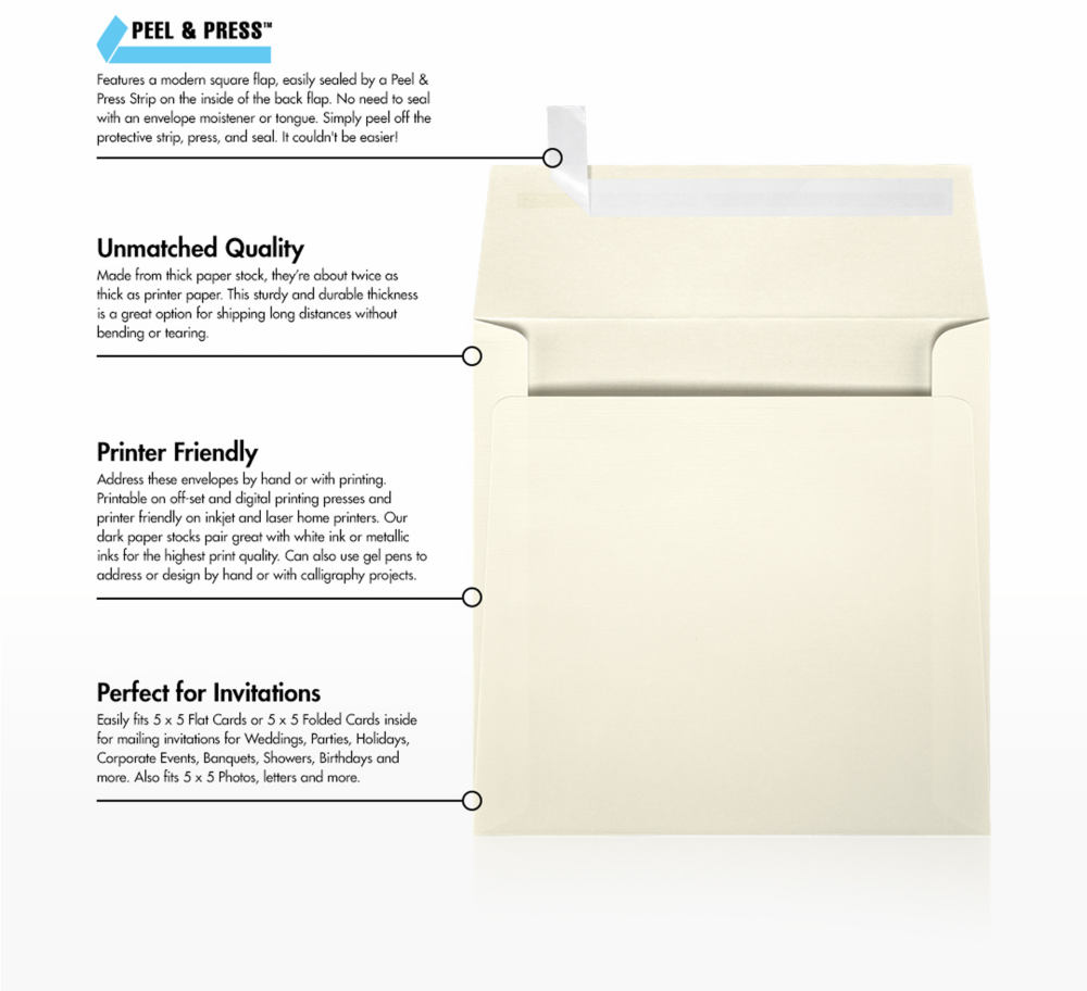 Natural Linen 32lb 5 1/4 x 5 1/4 Square Envelopes with Peel & Seal