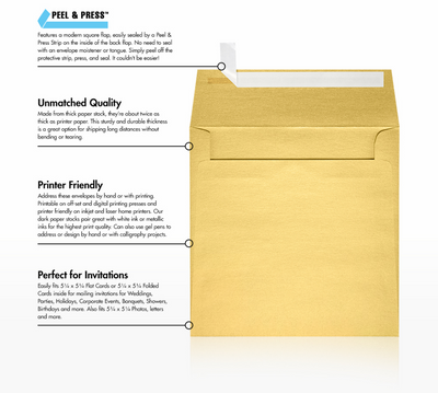Gold Metallic 32lb 5 1/2 x 5 1/2 Square Envelopes with Peel & Seal
