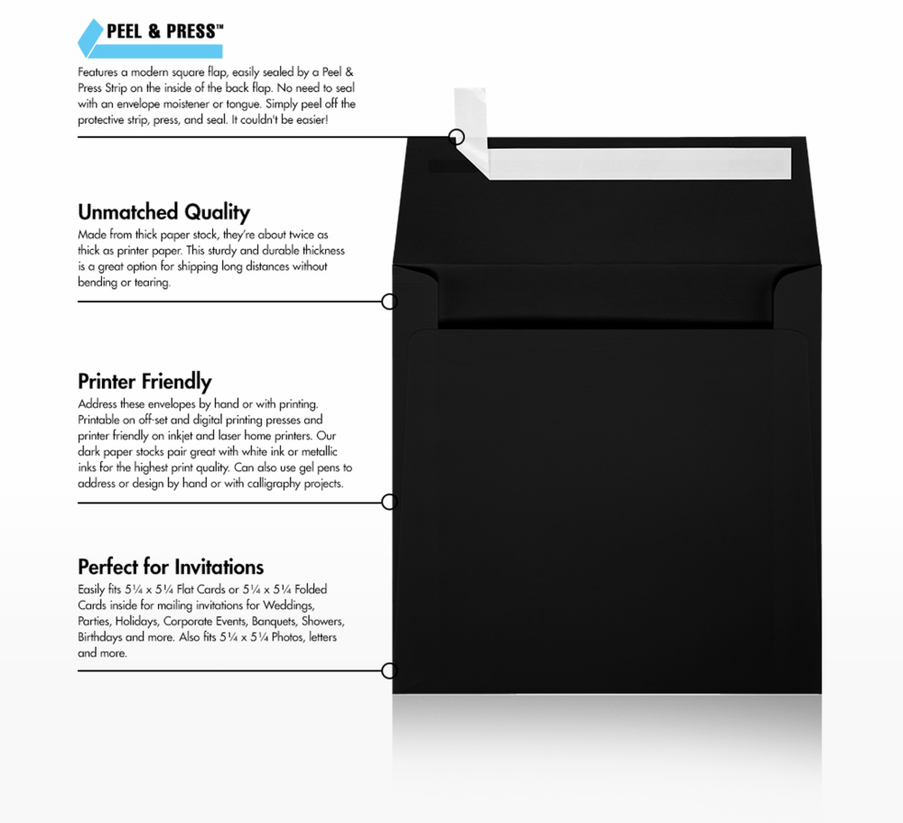 Black Linen 32lb 5 1/2 x 5 1/2 Square Envelopes with Peel & Seal