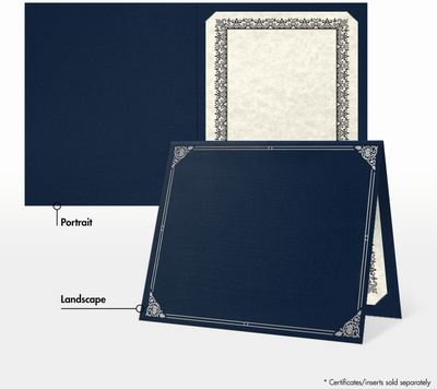 Nautical Navy Blue Linen with Silver Foil Floral Border 9 1/2 x 12 Certificate Holders